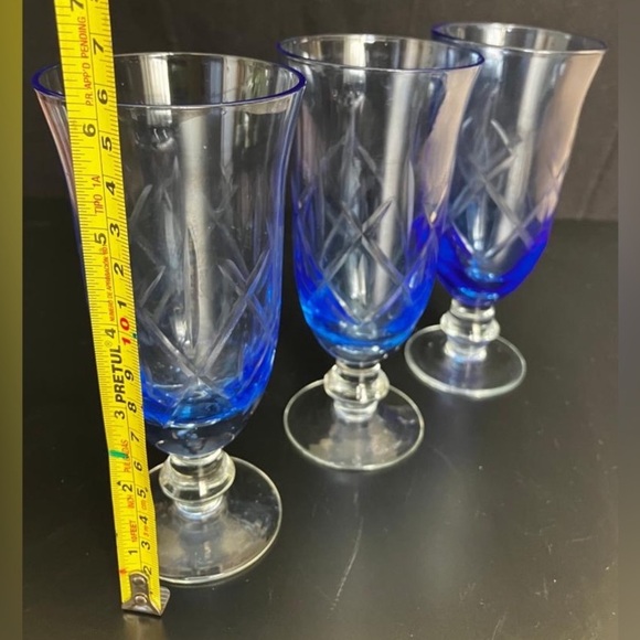 Blue & Clear Cut Cocktail Glass Goblets Short Stem Set of 3 - Picture 3 of 3